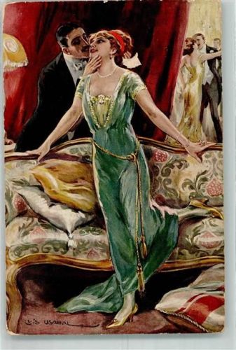 1914 Junger Mann küsst elegante Frau im grünen Ballkleid Künstlerkarte