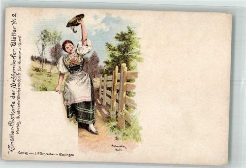Frau in Bayrischer Tracht hebt den Hut zum Gruß Künstler-Postkarte No. 2 Verlag J.F. Schreiber