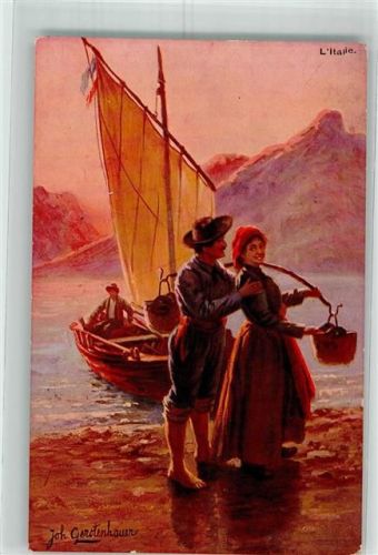 1905 Italienischer Fischer vor seinem Boot umarmt eine Frau die Wasser trägt