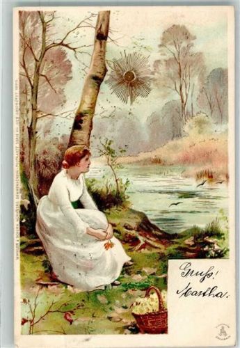 1900 Sonnenschein Karte Serie XIII Frau sitzt am See