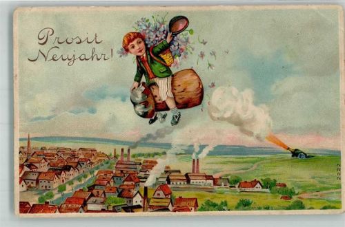 Prägedruck Neujahr Sektkorken Kind Fliegender Mensch 1913 Gebrauchsspuren