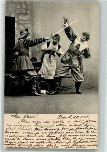 1903 Zwei Landsknechte duellieren sich im Wirtshaus vor einer jungen Frau Stempel Commissariat Federal des Guerres