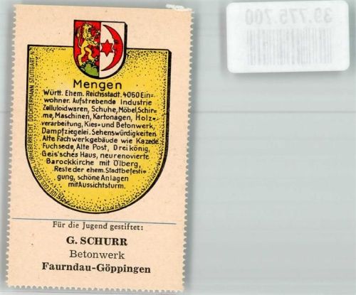 Mengen Wappensammelmarke Nr. 317 F. d. Jugend gestiftet G. Schurr Betonnwerk Faurndau-Göppingen