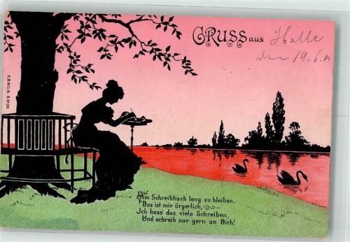 Halle 1900 Gruß aus Ort lt. Stempel Frau am Baum mit Schreibtisch