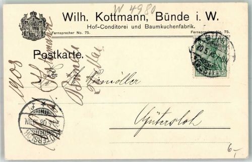 Bünde 1908 Hof- Conditorei und Baumkuchen- Fabrik Kottmann Geschäftskorrespondenz