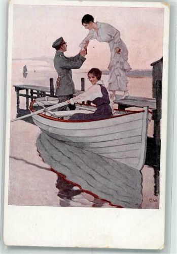 Kriegspostkarte Nr. 12 Heimaturlaub Deutscher Offizier hilft der Frau ins Ruderboot Verlag Albert Langen Feldpost WK I I. Bat. bay. 21. Inf. Regt.