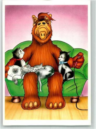 1988 Serienheld Alf der Außerirdische sitzt mit lauter kleinen Katzen auf dem Sofa Alien Productions