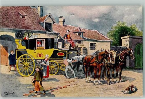 sign. Schnorpfeil K. Kinder Hühner Pferde Französische Eilpost 1840