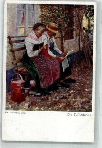 1916 Verlag Münchener Künstlerkarte Nr. 112 sign. Hartmann Karl - Stricken Zeitung lesen Gießkanne Ehepaar sitzt vor dem Haus auf der Bank