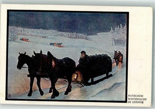 1911 sign. Munscheid : Winternacht im Gebirge Pferdeschlitten
