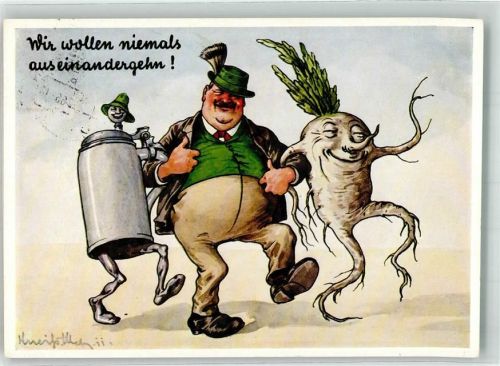 Mann in bayerischer Tracht tanzt mit Bierkrug und Radi Verlag Schweizer Nr. 913