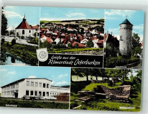 74706 W6960 Osterburken Foto AK Stadtgarten Kilianskapelle Schulhaus Stadtturm Römerkastell Verlag Alfred Dittmann