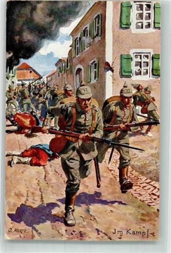 Deutsche Infanteristen in Uniform mit aufgepflanztem Bajonett stürmen eine Dorfstraße entlang WK I C.A. & Co. No. 21
