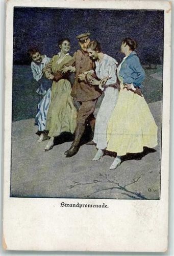 1918 Deutscher Offizier mit vier jungen Frauen am Strand unterwegs Verlag der Lustigen Blätter Nr. 16 Feldpost WK I Landsturm Inf.-Ers.-Batl. Döberitz