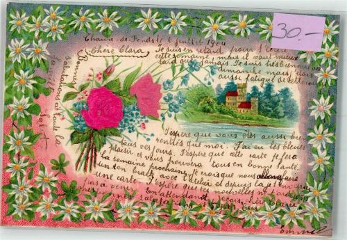 1904 mit Echtstoffaplikation Rosen Margerithen Lithographie