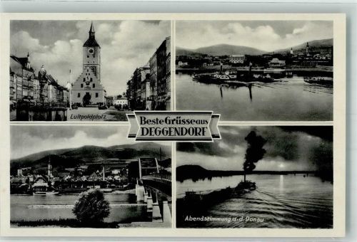 Deggendorf Luitpoldplatz Raddampfer Frachtkahn Donau Abendstimmung