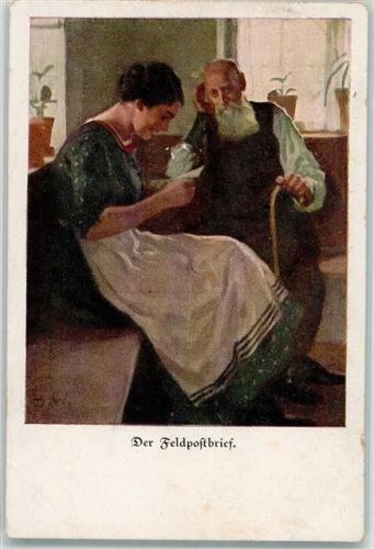 1918 Frau liest gerührt den Feldpostbrief ihres Mannes WK I Verlag der Lustigen Blätter Nr. 15 Zensurstempel