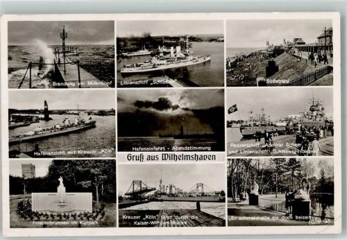 Wilhelmshaven 1938 Molenkopf Kreuzer Köln Friesenbrunnen im Kurpark Linienschiff Schlesien Panzerschiff Admiral Scheer Südstrand Nordsee-Verlag Nr. 280