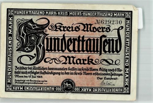 47441 W4130 Moers 1923 Notgeldschein 100000 Mark