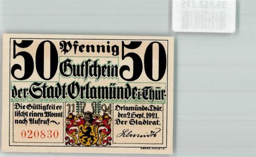 Orlamünde 1921 50 Pfennig Gutschein Nr. 020830