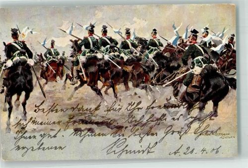 1906 Bayerische Ulanen in Uniform zu Pferde bei einer Attacke