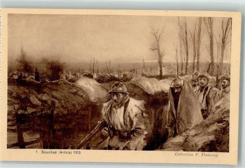 Souchez 1915 sign. Flameng Französische Soldaten durchqueren einen Graben in einer Mondlandschaft