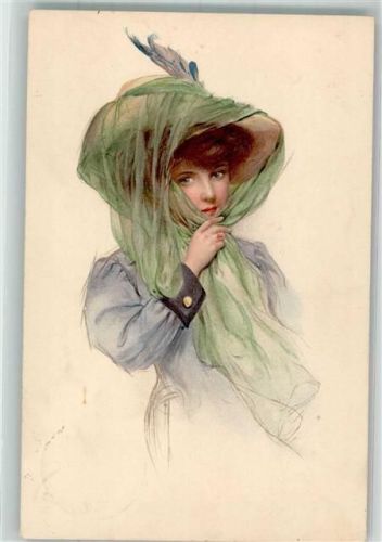 1910 Nr.479 Junge Frau mit einem grünen Schleier über ihrem Federhut Hutmode