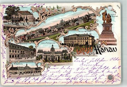 Hanau 1898 Lithographie Schloss Philippsruhe Marktpltz Theater