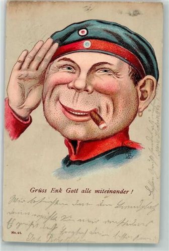 1907 Bartstoppeliger Landser mit Zigarre im Mundwinkel salutiert
