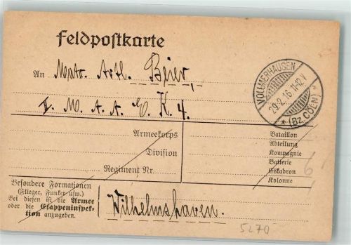 51643 W5270 Vollmerhausen 1916 - Feldpostkarte WK I Ort lt. Feldpoststempel