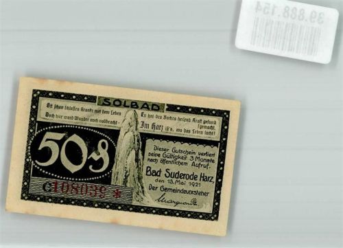 Bad Suderode 1921 50 Pfennig Gutschein c 108039 Solbad