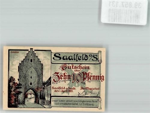 Saalfeld 1921 Gutschein über 10 Pfennig Saaltor Brücke von Kulm
