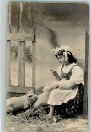 1908 Neujahr Mädchen und 2 Ferkel