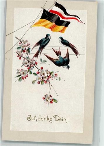 Schwalben auf Blütenzweig unter Schwarz-Weiß-Roter und Schwarz-Gelber Fahne L & P 5667/II WK I