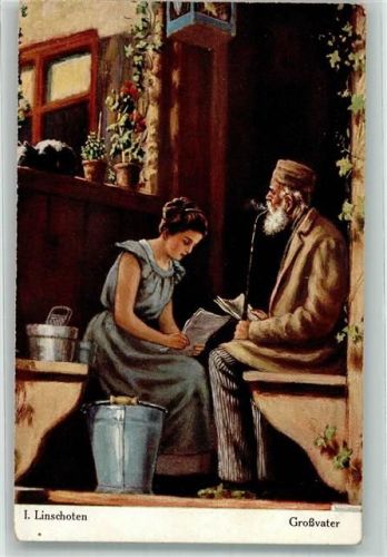 1917 Frau + Großvater lesen die Zeitung sign. Linschoten , Pfeife Vogelkäfig an der Wand