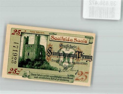 Saalfeld 1921 25 Pfennig Burgruine Der hohe Schwarm und Kitzerstein