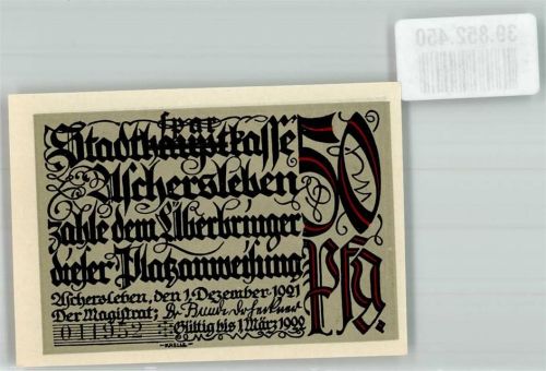 Aschersleben 1921 50 Pfg. Nr. 041952 Platzanweisung Stadtsparkasse