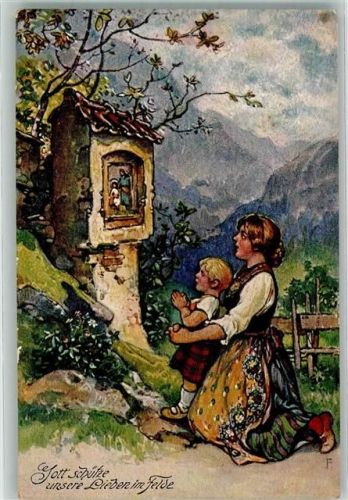 Mutter und Kind im Gebet sign. F. Gott schütze unsere Lieben im Feld WK I Zieher, Ottmar