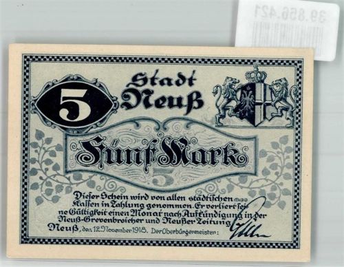 Neuss 1918 5 Mark Stadtwappen