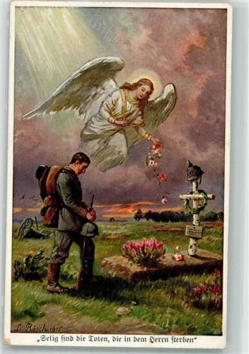 1915 sign. Rösch Landser in Uniform trauert am Grab eines Kameraden während ein Engel Rosen streut Verlag Martin Herpich No. 3027