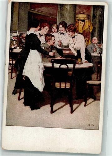 Landser in Uniform wird im Gasthaus von Mädchen umschwärmt Verlag Albert Langen Nr. 11 WK I
