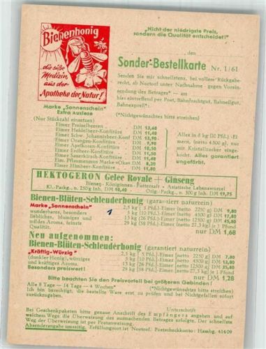 Nortorf 1961 Bestellkarte für Honig Honighaus Seibold Werbung
