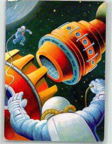 Zusammenbau einer Raumstation im Orbit Astronauten sign. Köhler Raumfahrt Künstlerkarte