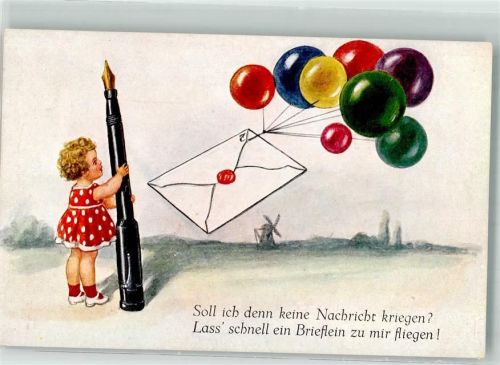 Kind mit Füllfederhalter lässt einen Brief mit Luftballons fliegen Windmühle WSSB 8282