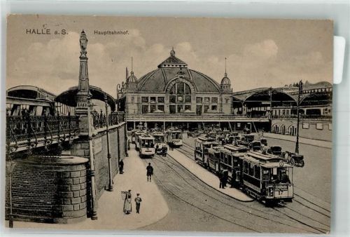 Halle 1918 Hauptbahnhof Straßenbahn Verlag Louis Glaser 8643 Feldpost WK I Merseburg