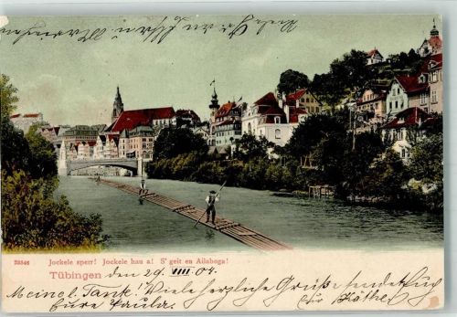 Tübingen 1904 Flößer auf dem Neckar unterhalb der Stiftskirche