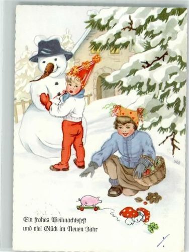Kinder bauen zu Weihnachten einen Schneemann Pilze Schwein Neujahr