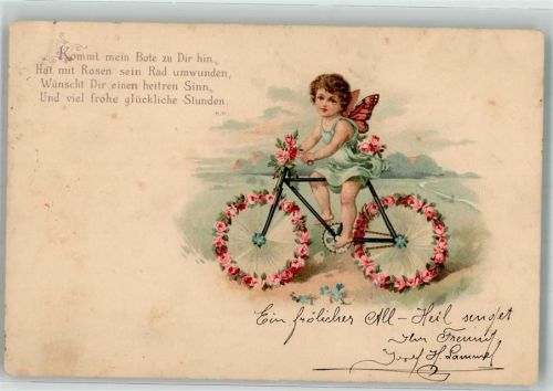 1900 Amor auf einem Rad aus roten Rosen Blumensprache
