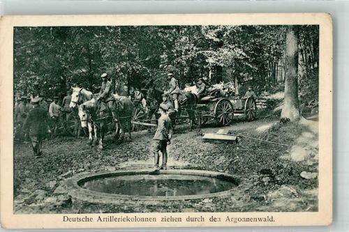 1915 Eine berittene deutsche Artillerieabteilung im Argonnerwald Feldpost Mengkofen