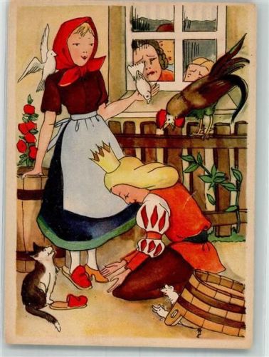 sign. Erler-Reichold, Anne Szene mit der Schuhanprobe durch den Prinz Katze Huhn Künstlerkarte
